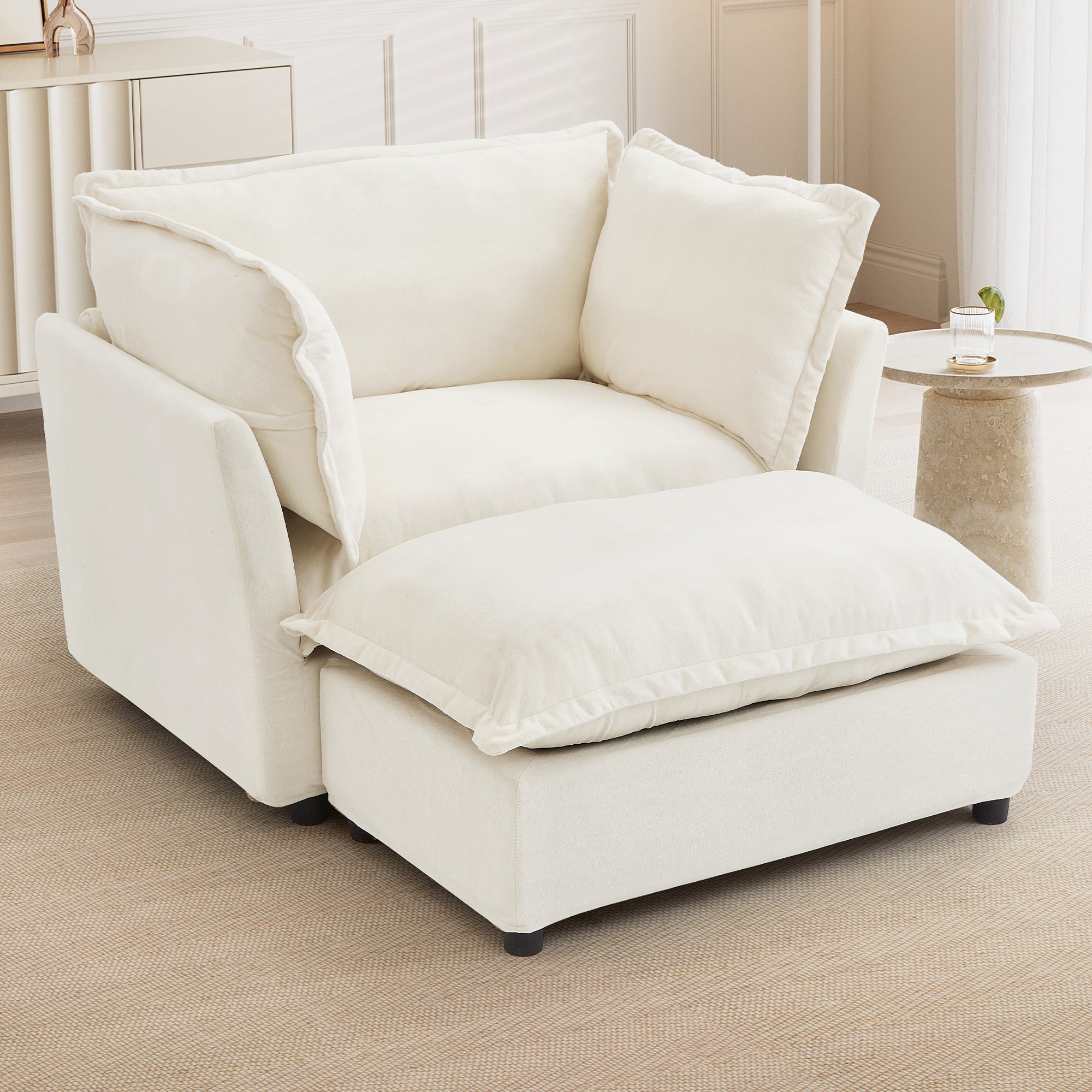 Modern Armchair Sofa 45.2' Cozy Upholstered Sofa Chair with Movable Ottoman, Wide Seat, Curved Armrests and Soft Pillows for Living Room, Bedroom (Old SKU:N719P292695A),Beige