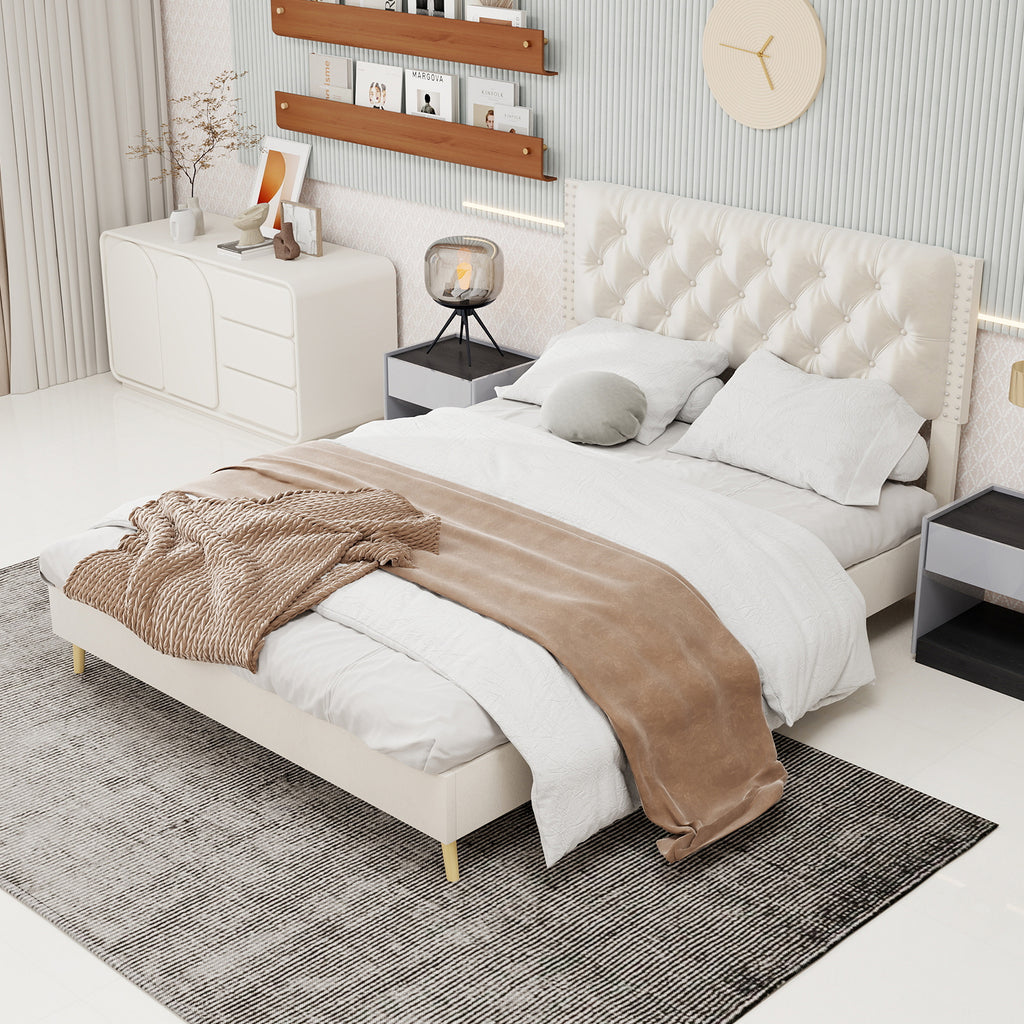 Velvet Upholstered Bed - Queen Size, Beige, Velvet, Tufted Headboard, Luxurious and Comfortable Sleep Experience