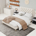 Velvet Upholstered Bed - Queen Size, Beige, Velvet, Tufted Headboard, Luxurious and Comfortable Sleep Experience