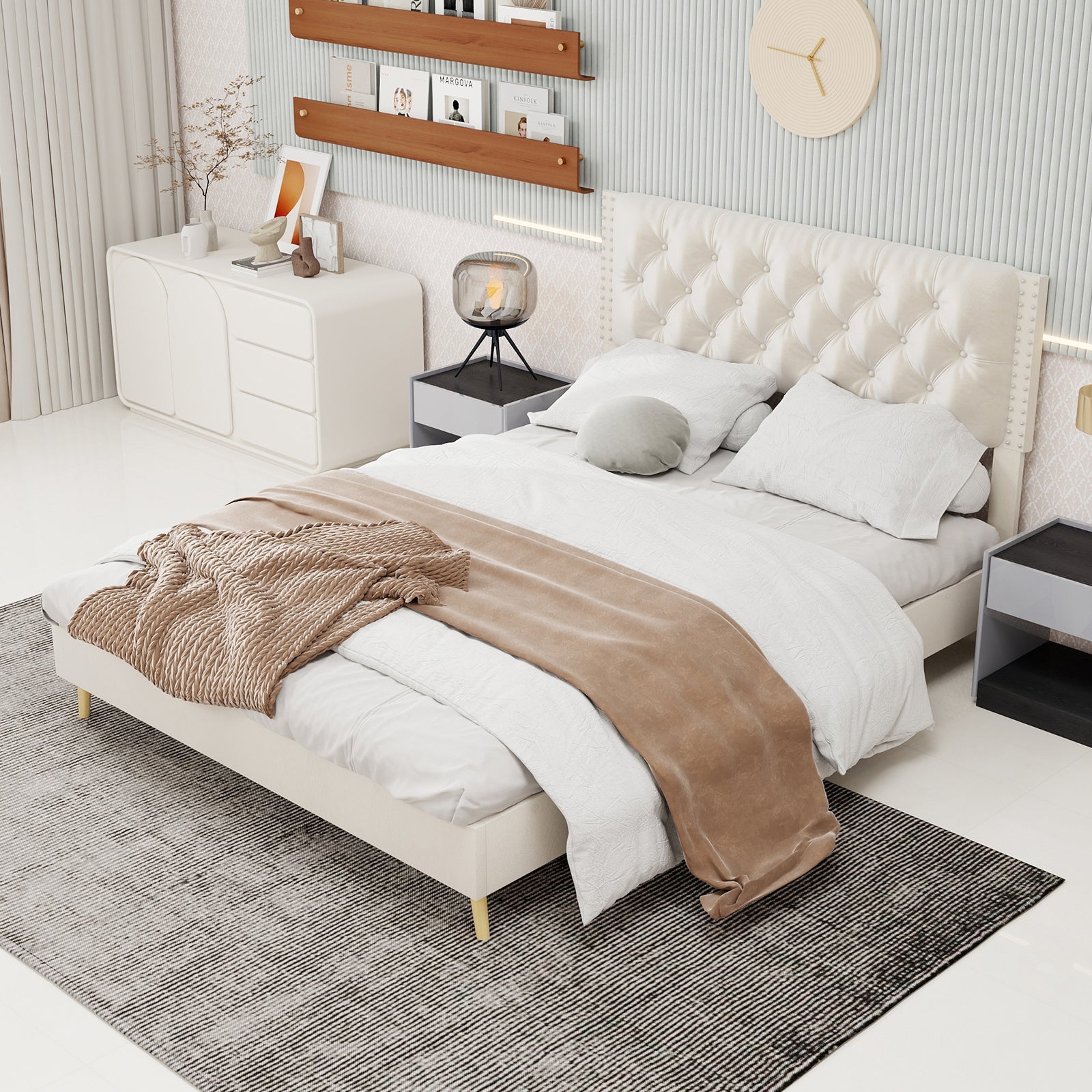 Velvet Upholstered Bed - Queen Size, Beige, Velvet, Tufted Headboard, Luxurious and Comfortable Sleep Experience