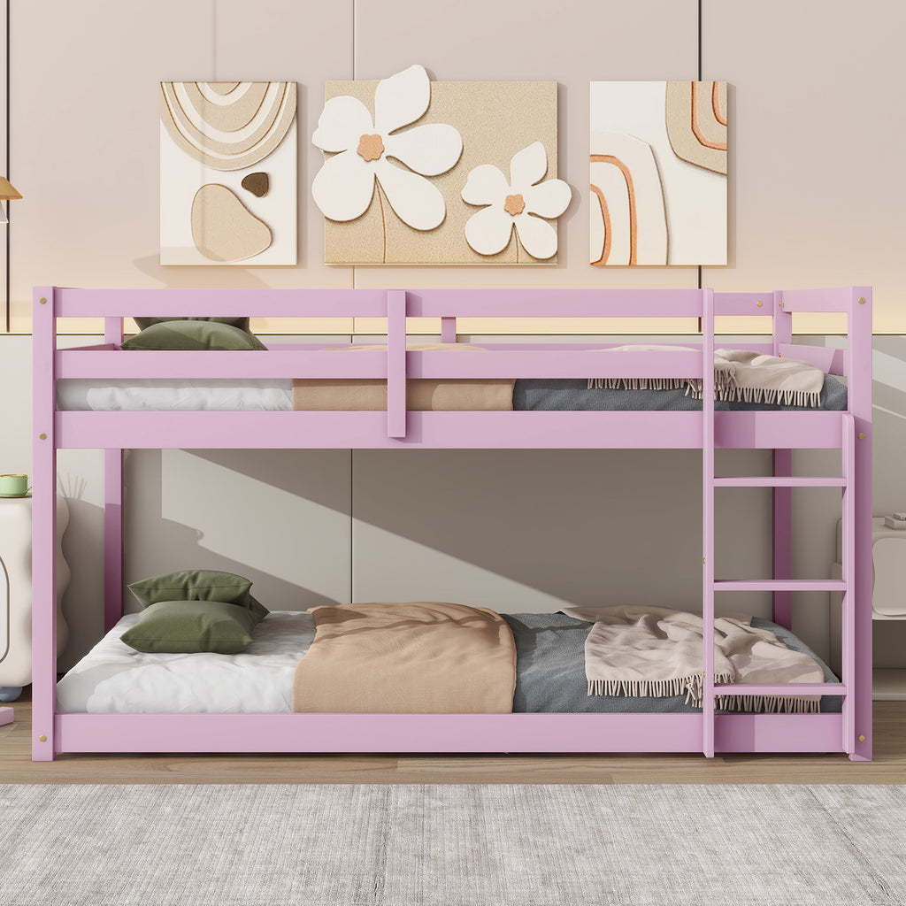Solid Wooden , Solid Rubber Wooden Twin over Twin Floor Bunk Bed with Ladder ,Upper and Bottom Bed Platforms crafted with Strengthened Slats ,Pink