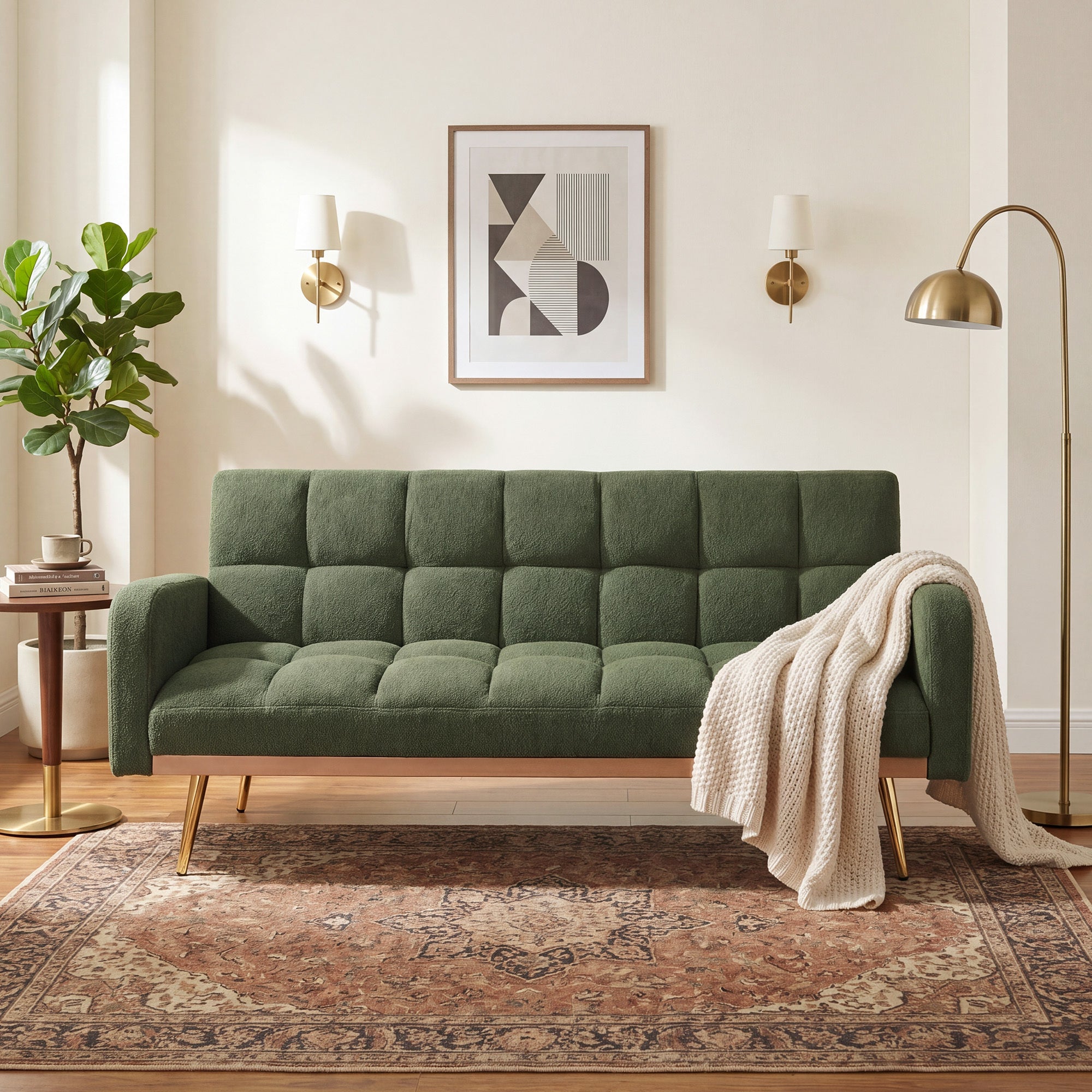69 Inch Soft Teddy Fleece Adjustable Green Sofa Bed, Multifunctional Couch for Living Room Bedroom Small Spaces