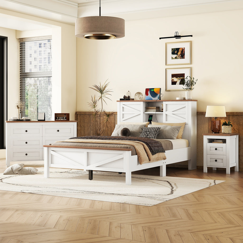 3-Pieces Bedroom Sets Full Size Farmhouse Platform Bed with Double Sliding Door Storage Headboard and Charging Station, Storage Nightstand and Dresser, White+Brown(Old SKU HL000091AAK)