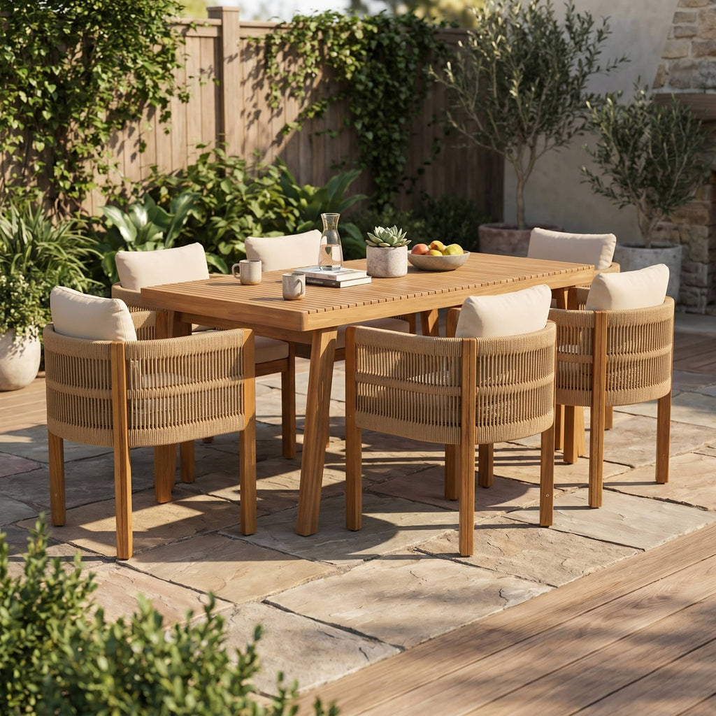 7-Piece Outdoor Dining Set with Brown Acacia Wood Table & 6 Rope Handles Chairs,Outdoor Patio Furniture Set