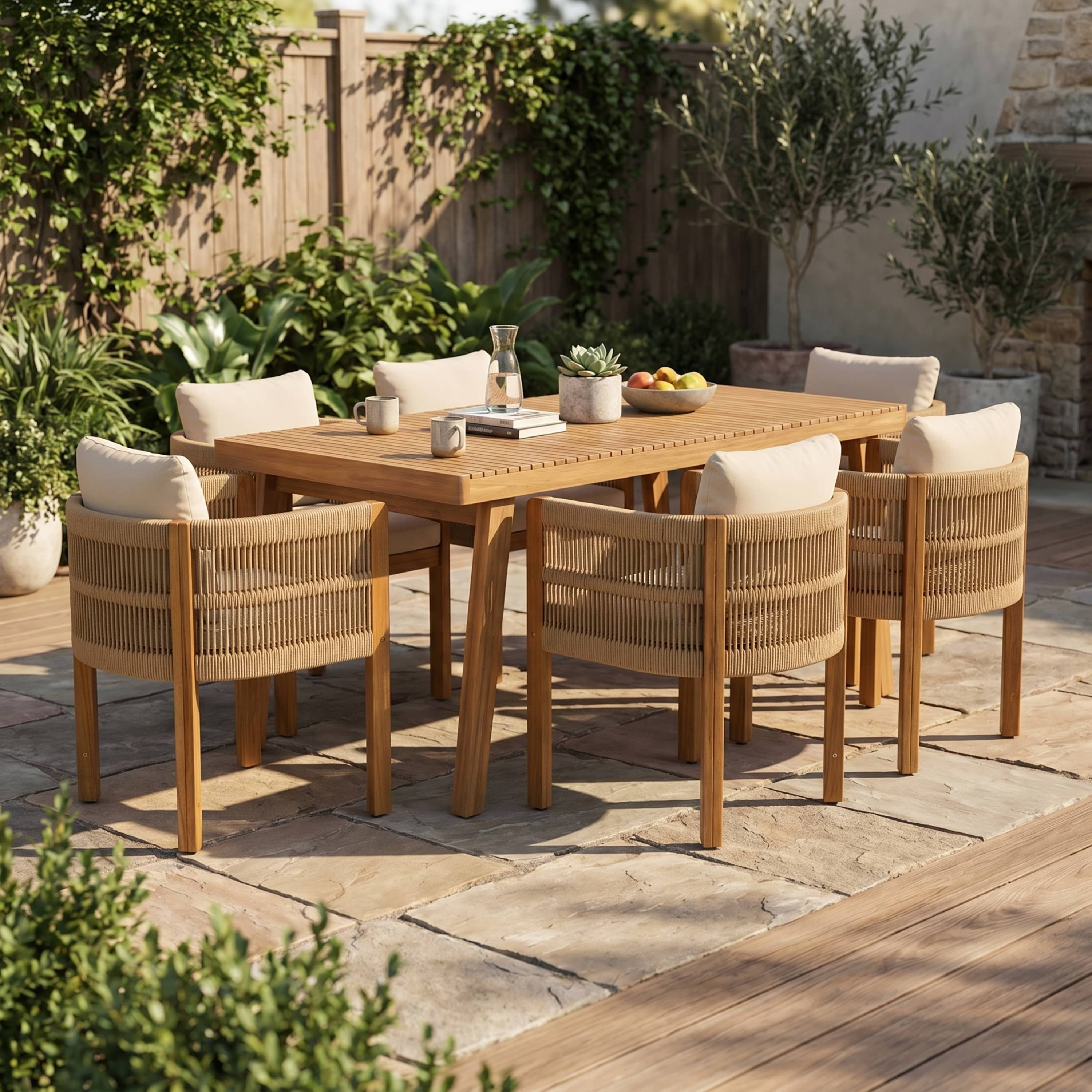 7-Piece Outdoor Dining Set with Brown Acacia Wood Table & 6 Rope Handles Chairs,Outdoor Patio Furniture Set