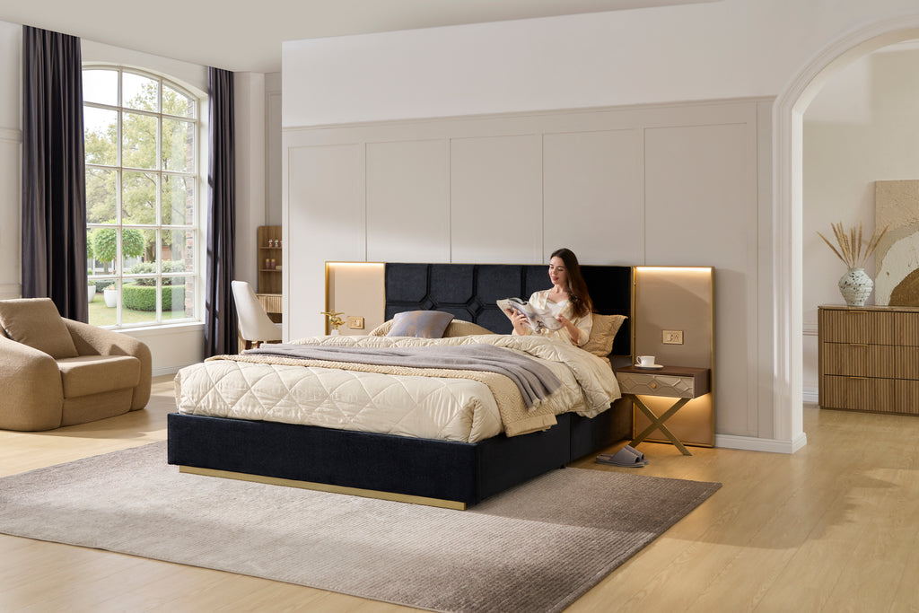 Luxurious K Platform Bed Frame, Velvet Upholstered with Metal Frame Headboard, 2 Built-in Wall Lamps and Bedside Table, Sturdy Metal and Solid Wood Frame, No Box Spring Needed, High-end Black
