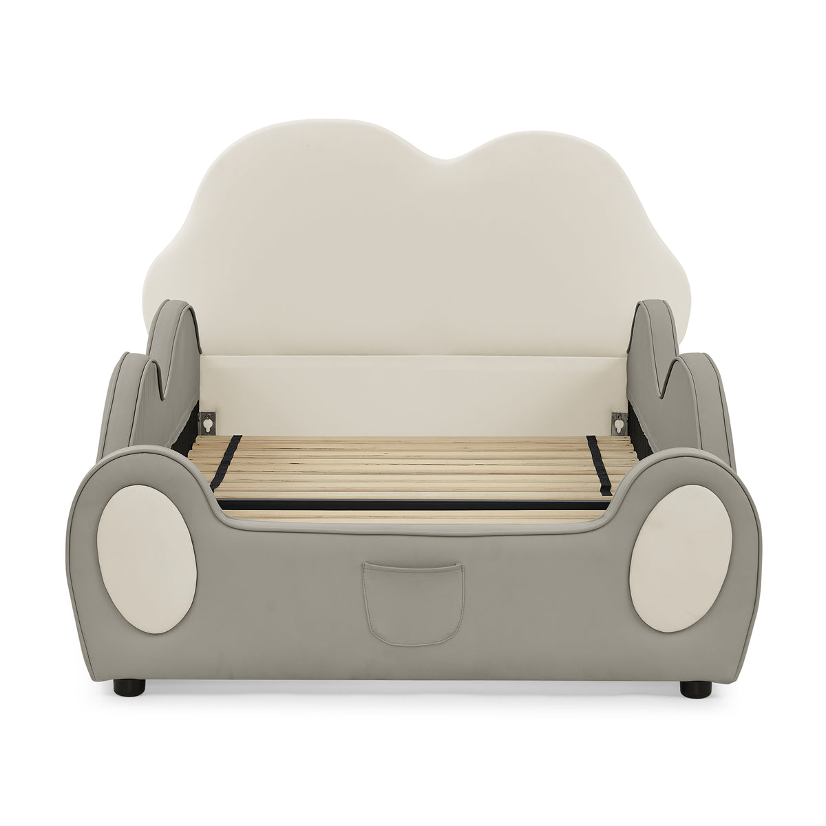 Twin Size Cute Cloud Shape PU Leather Kids Bed with Guardrails, Beige & Grey Cartoon Design, Foam & Solid Wood Frame, Storage Pocket