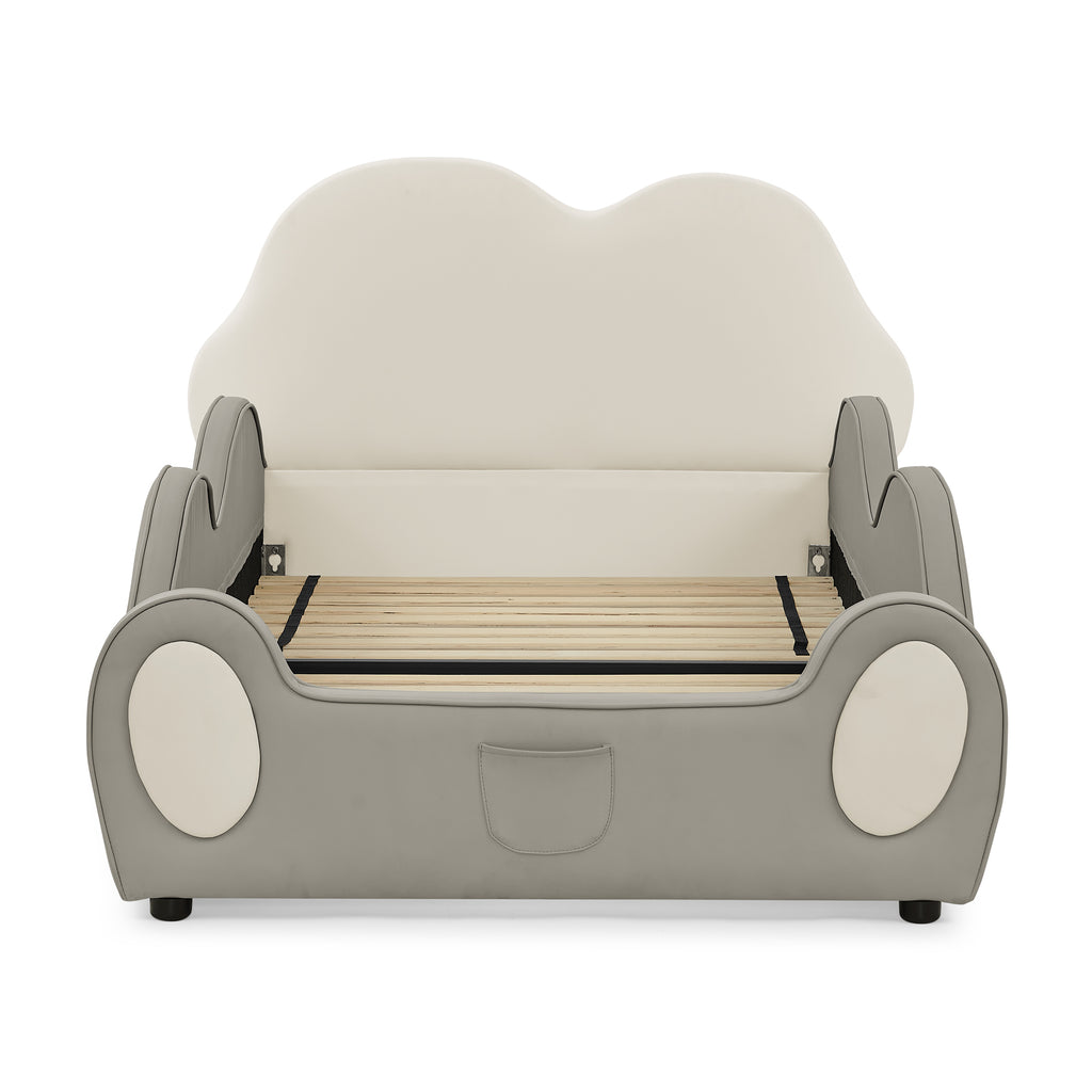 Twin Size Cute Cloud Shape PU Leather Kids Bed with Guardrails, Beige & Grey Cartoon Design, Foam & Solid Wood Frame, Storage Pocket