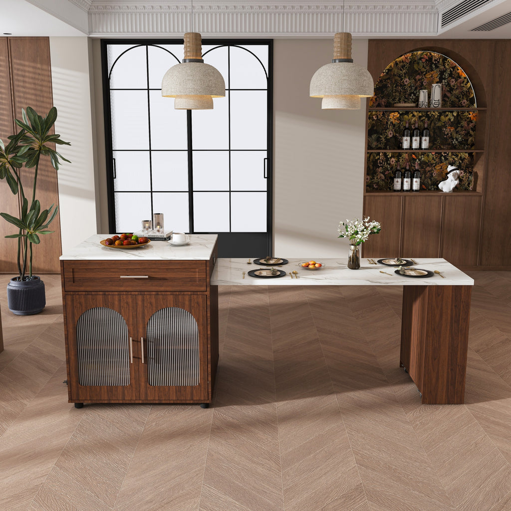 80-inch Expandable Kitchen Island with Dining Table, Marble-Grain Countertop with Power Outlet, Mobile Storage Cart with Cabinet & 2 Drawers, Walnut Finish Kitchen Prep Table
