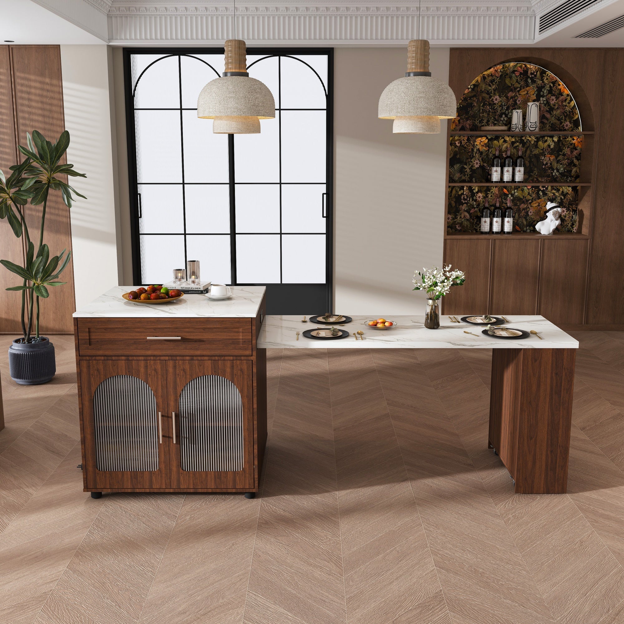 80-inch Expandable Kitchen Island with Dining Table, Marble-Grain Countertop with Power Outlet, Mobile Storage Cart with Cabinet & 2 Drawers, Walnut Finish Kitchen Prep Table