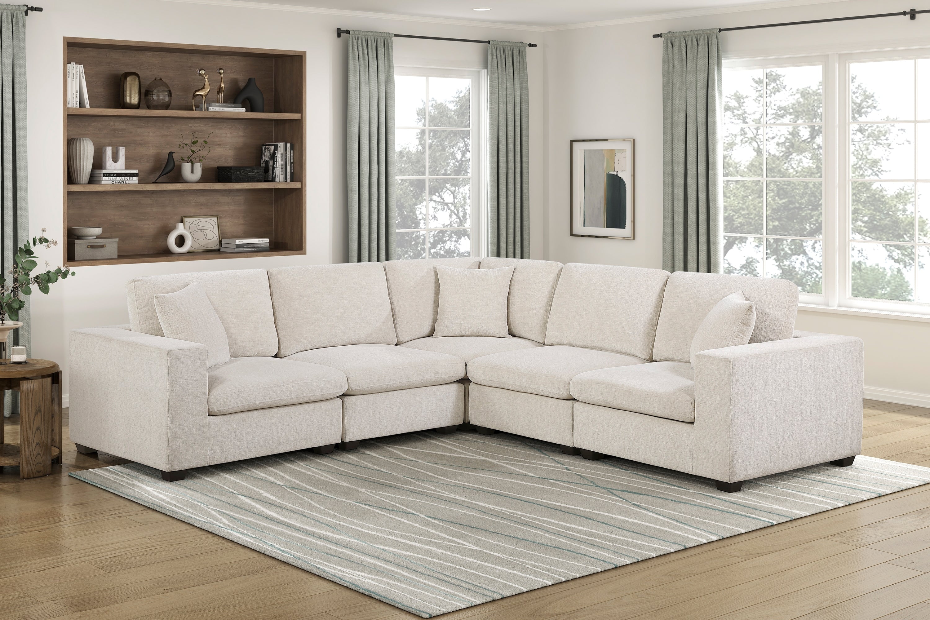 Contemporary 5-Piece Modular Sectional Corner Sofa Beige Chenille Upholstery Foam Cushion Pillows Plywood Frame Living Room Furniture