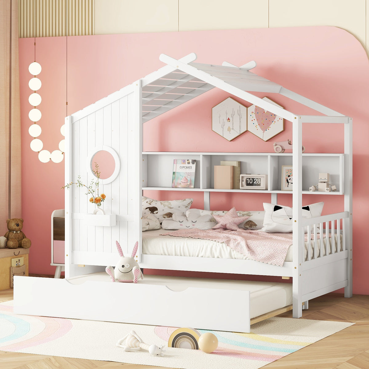 Wooden Twin Size House Bed With Trundle, Modern Design for Kids with Storage Shlef, White(old SKU HL000094AAK)