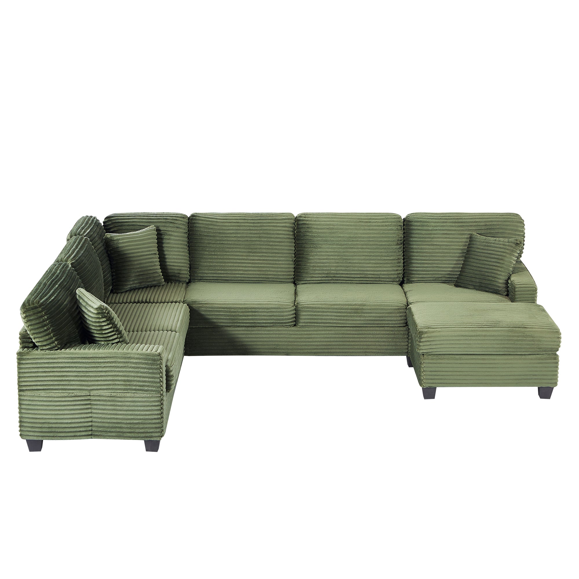 Modern Sectional Sofa U-shaped with Movable Ottoman and Side Storage Pockets, Green Corduroy, 125.2'