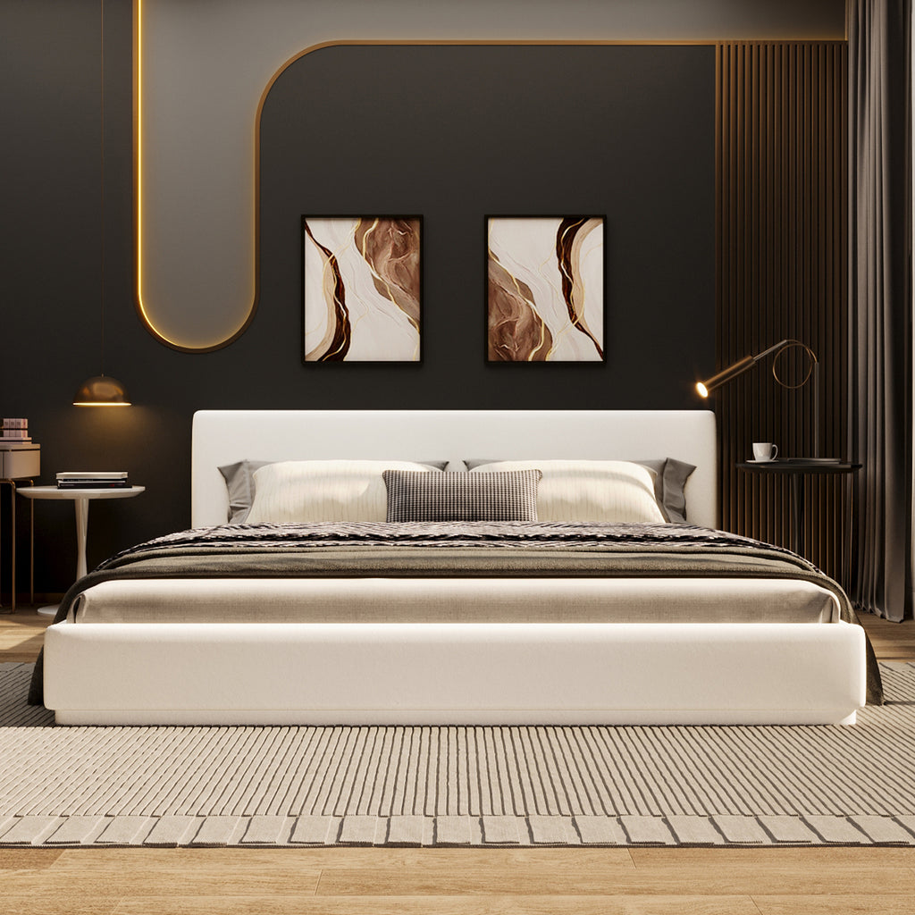 Soft and comfortable upholstered bed. Luxurious and cozy bedroom centerpiece, queen size, white