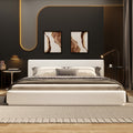 Soft and comfortable upholstered bed. Luxurious and cozy bedroom centerpiece, queen size, white