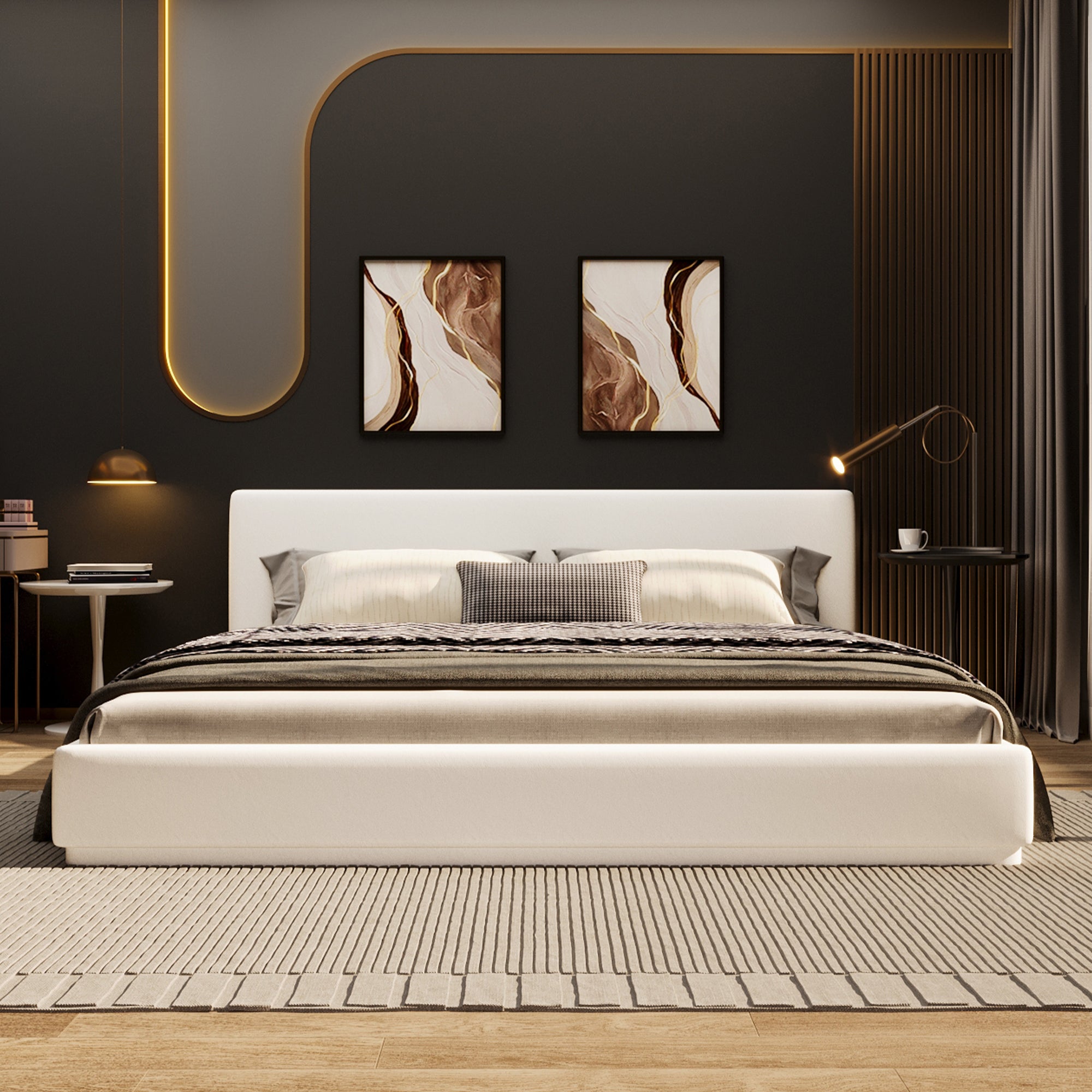 Soft and comfortable upholstered bed. Luxurious and cozy bedroom centerpiece, queen size, white