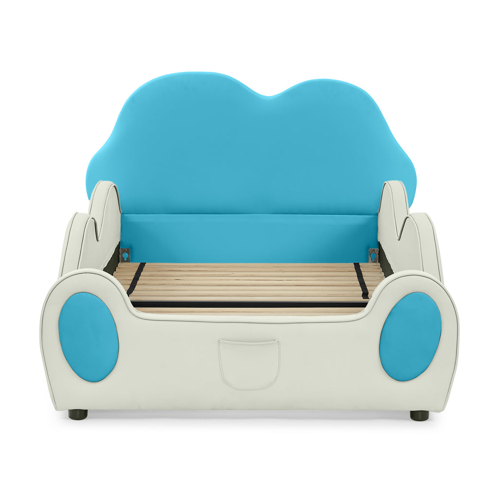 Twin Size Cute Cloud Shape PU Leather Kids Bed with Guardrails, Cartoon Blue & Beige Design, Storage Pocket, Soft Foam Frame