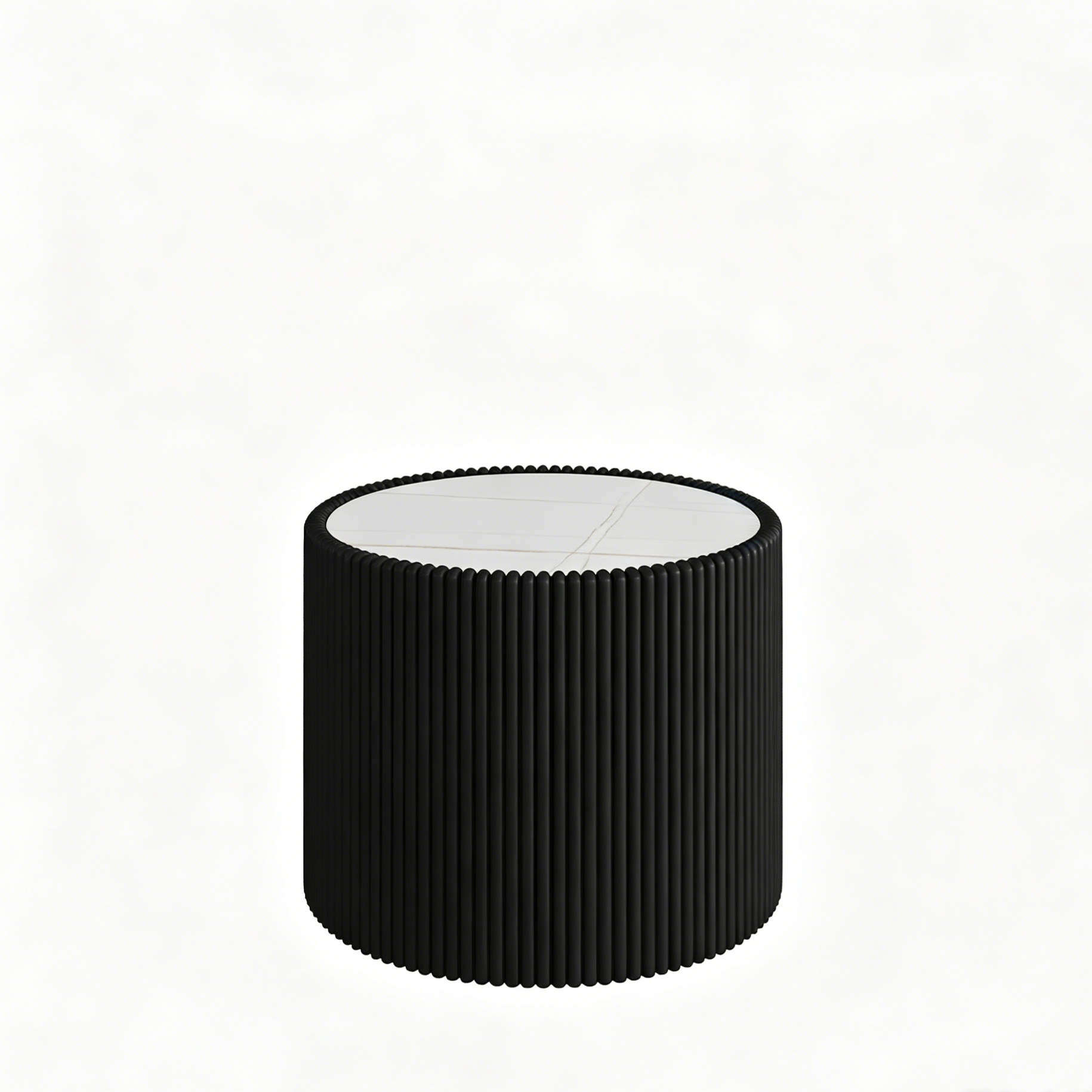 Modern Cylindrical Sofa Table with Sintered Stone Top and Black PU Leather Frame in Gold Pattern