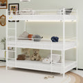 Heavy-duty triple frame bed with built-in ladder and full-length railing, white, solid iron, 75.98 x 38.98 x 75.59 inches