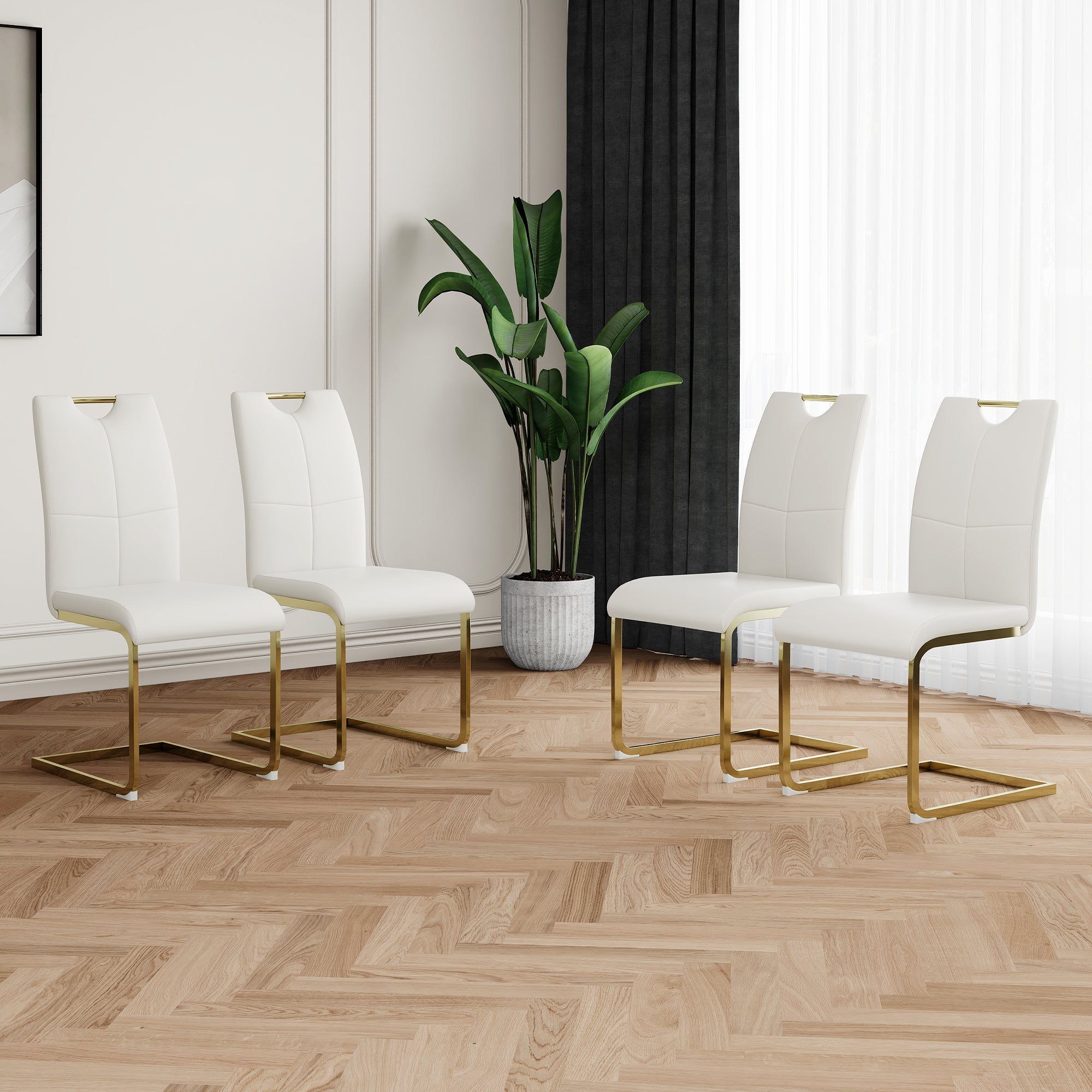 Modern Dining Chairs with Faux Leather Padded Seat Dining Living Room Chairs Upholstered Chair with gold Metal Legs Design for Kitchen, Living, Bedroom, Dining Room Side Chairs Set of 4