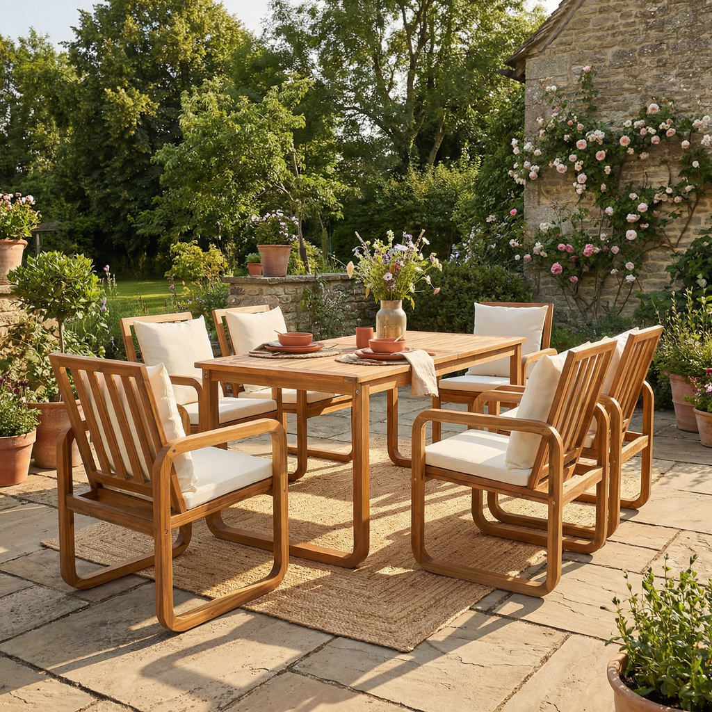 Stylish 7-Piece Outdoor Patio Dining Set with Removable Cushions in Natural Wood and Beige, Durable Acacia Wood Frame for Backyard, Garden, or Patio