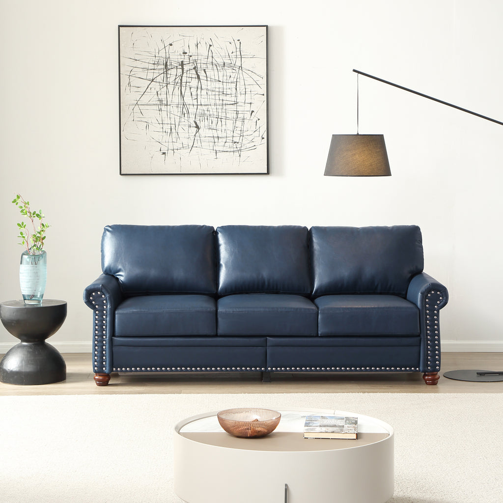 Classic Living Room Round Arm with Silver Nails Sofa Navy Blue Faux Leather(This SKU is same as W1097S00163,W1097S00291)