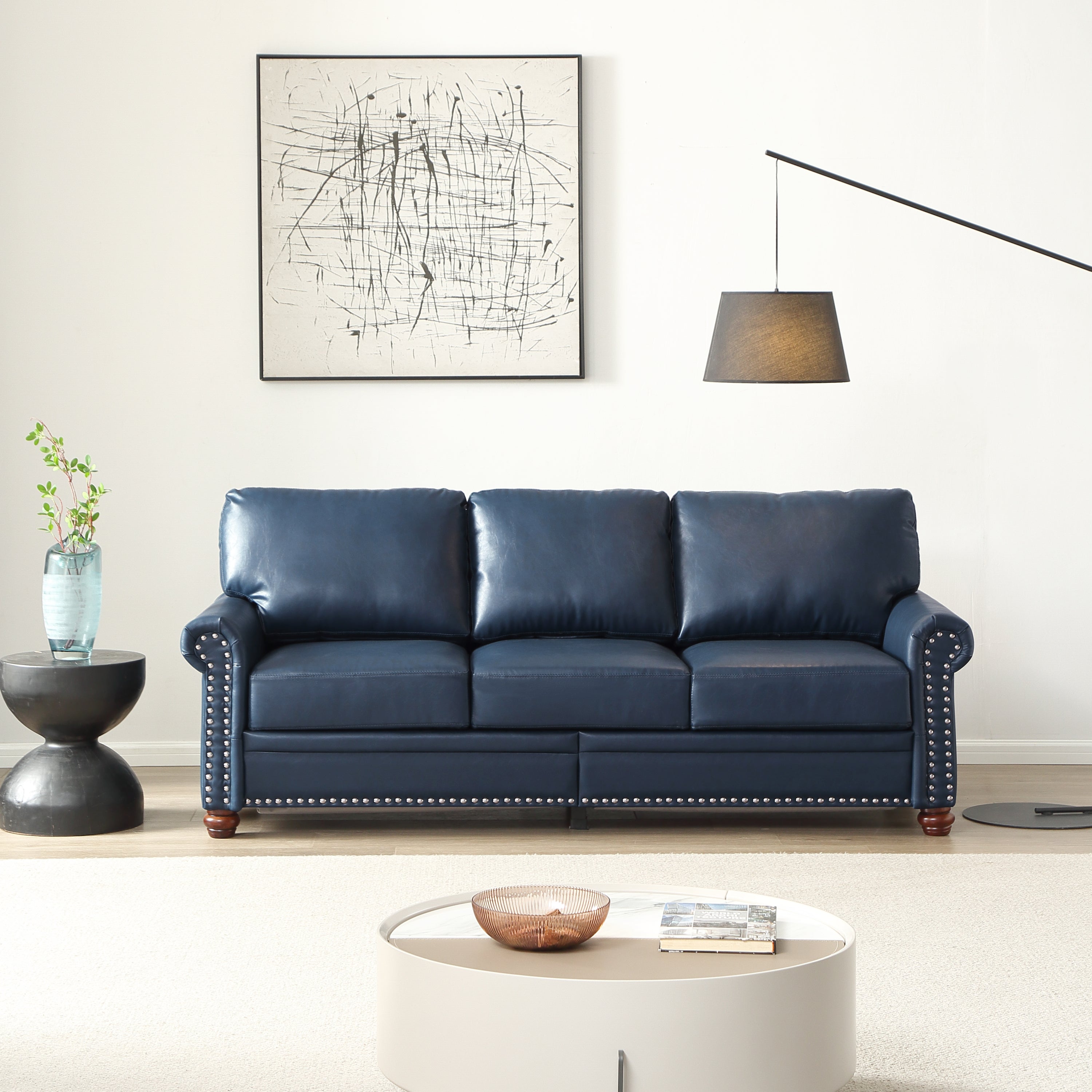 Classic Living Room Round Arm with Silver Nails Sofa Navy Blue Faux Leather(This SKU is same as W1097S00163,W1097S00291)