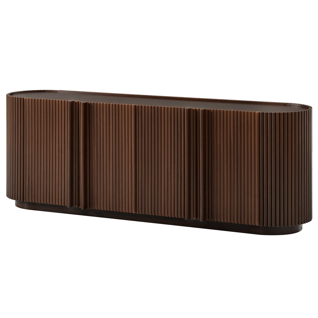 Mid Century Wood Grain TV Stand with Fluted Tambour-Style Door for TVs up to 70', Farmhouse Media Console with Adjustable Shelves, Curved Edge TV Cabinet with Cable Management for Living Room, Walnut