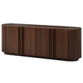 Mid Century Wood Grain TV Stand with Fluted Tambour-Style Door for TVs up to 70', Farmhouse Media Console with Adjustable Shelves, Curved Edge TV Cabinet with Cable Management for Living Room, Walnut