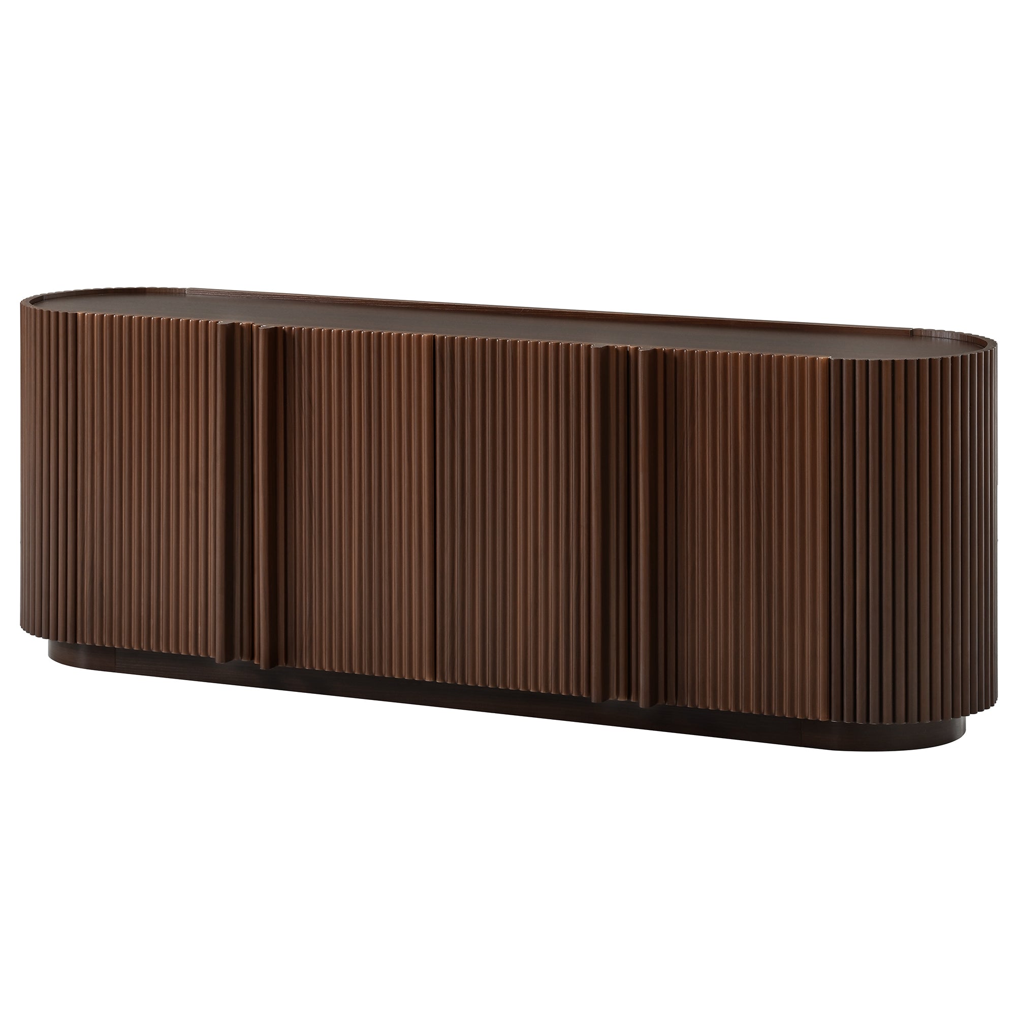 Mid Century Wood Grain TV Stand with Fluted Tambour-Style Door for TVs up to 70', Farmhouse Media Console with Adjustable Shelves, Curved Edge TV Cabinet with Cable Management for Living Room, Walnut